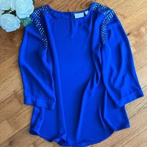 CHICO’S Royal Blue Slip-On Tunic Top adorned with silver beads size 2
